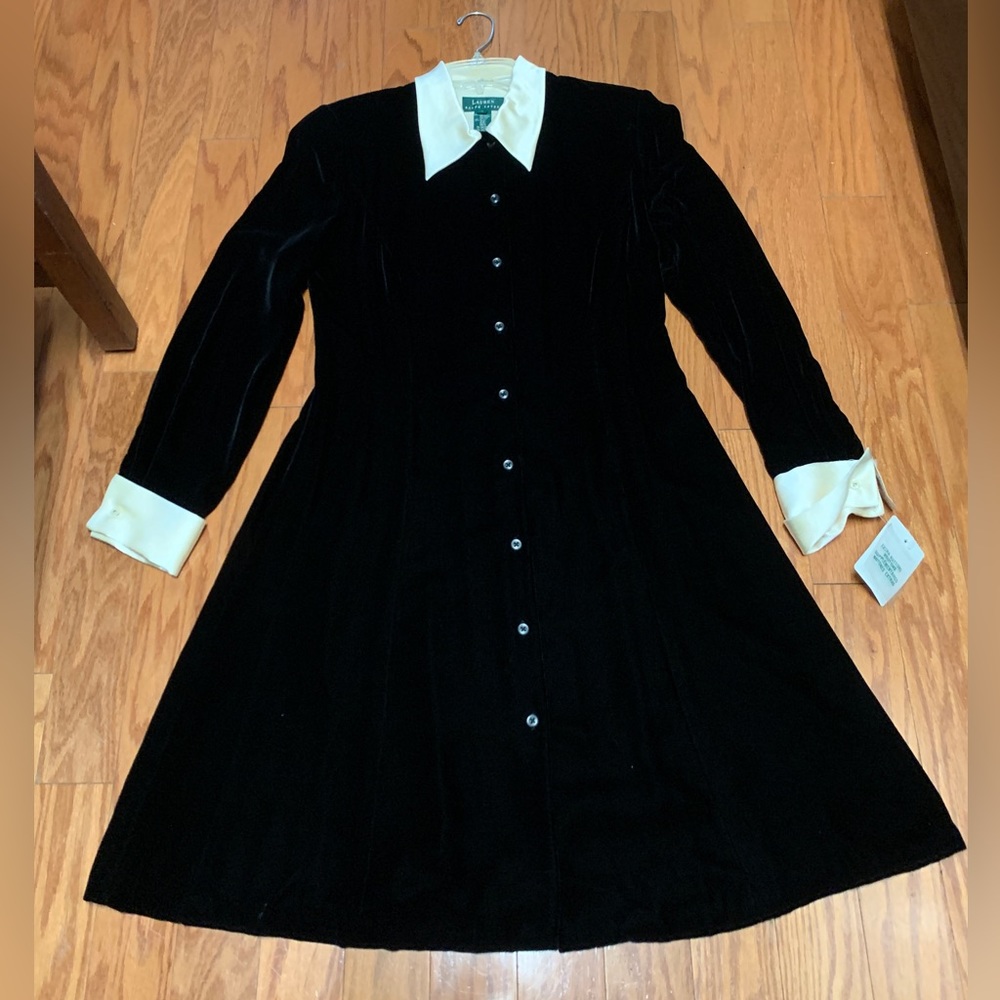 1990s Vtg Women’s 8 Collared Cuffed LAUREN RALPH LAUREN Velour Textured Dress - Picture 14 of 16